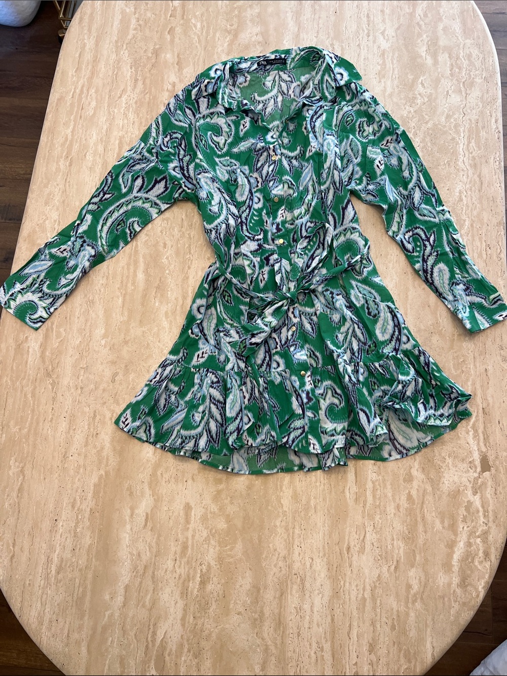 Zara Green Paisley Long-Sleeve Tie-Waist Dress